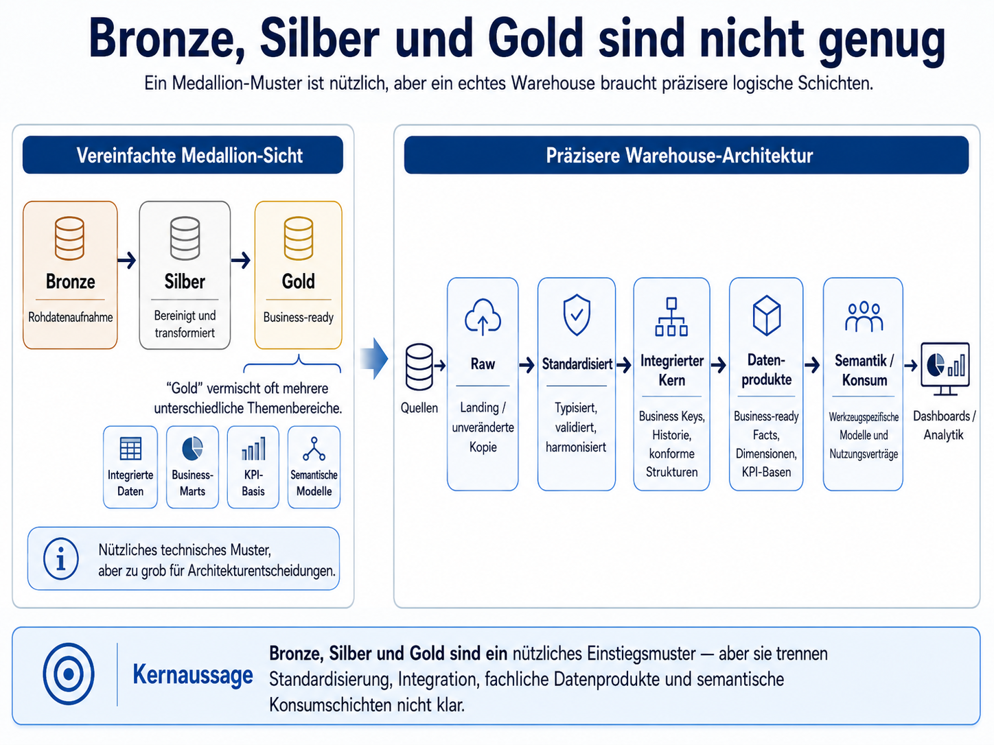 Vergleich zwischen dem vereinfachten Bronze-Silver-Gold-Muster und einer präziseren Warehouse-Architektur mit Raw, Standardisierung, integriertem Kern, Datenprodukten sowie Semantik- und Nutzungsschichten