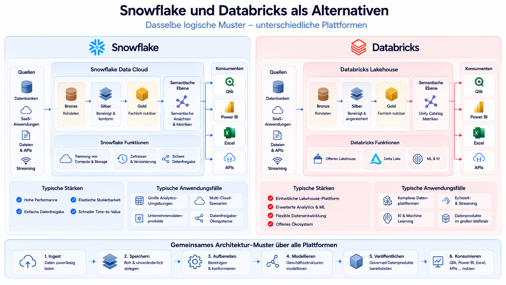 Parallele Snowflake- und Databricks-Umsetzungen derselben logischen Architektur von Quellen über Raw, standardisierte und fachlich nutzbare Schichten bis zu Semantik und BI-Consumern