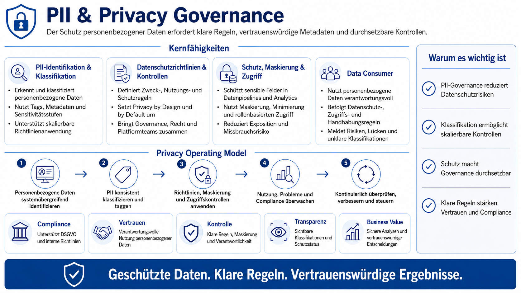 PII und Privacy Governance mit Identifikation, Klassifikation, Richtlinien, Maskierung, Zugriff, Monitoring und kontinuierlicher Verbesserung